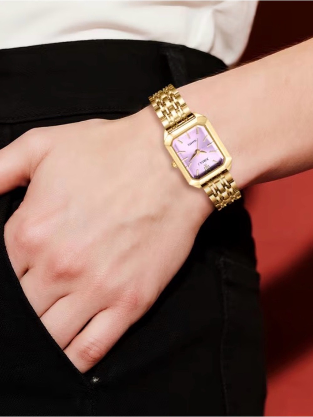 Ximili Women's Gold Stainless Steel Quartz Watch with Elegant Square Pink Dial